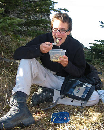 This reminds me a lot of Dan eating yogurt with a key on Mount Lady Macdonald years ago!
