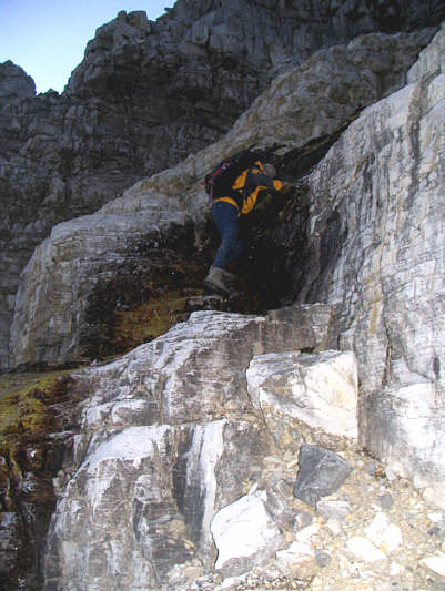 A small waterfall makes some of the rocks here quite slick.