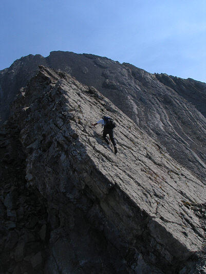 Scrambling this ridge demands dry conditions.