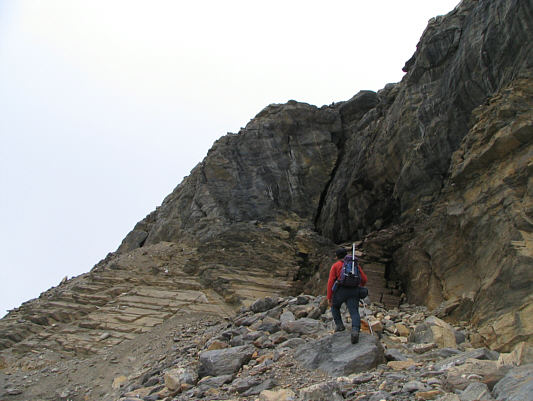 I traversed a little further to the left before scrambling up this difficult rock band.