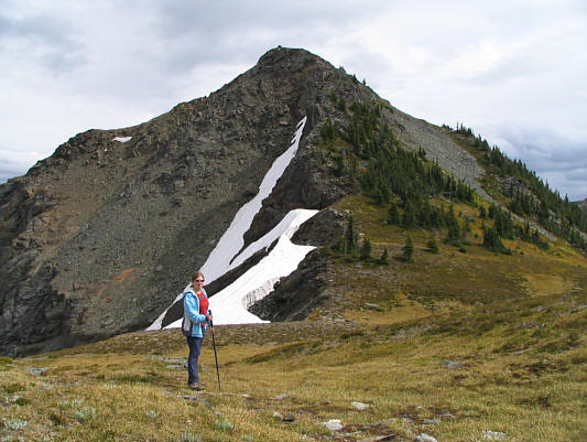 We descended a strip of grass just beside the talus slope at right.