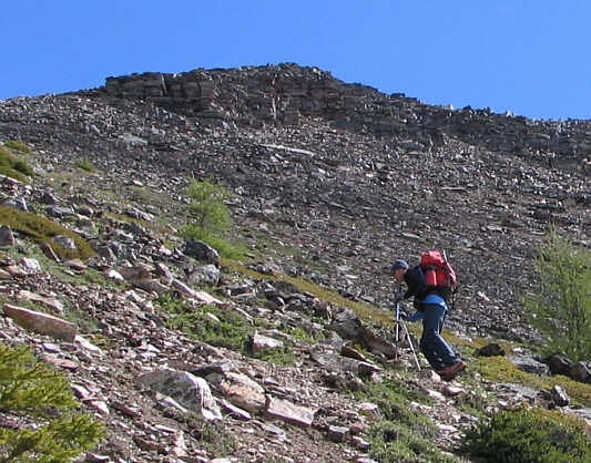 The ridge above appears closer than it really is.