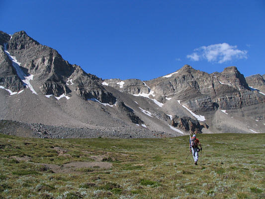 We eventually scrambled up the scree ramp at centre.
