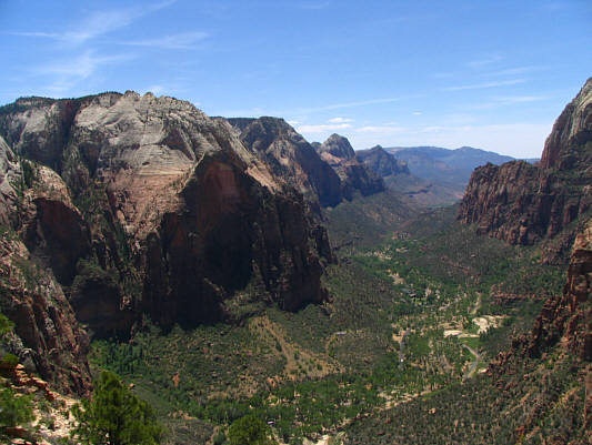 Winding through the canyon far below is the North Fork of the Virgin River.