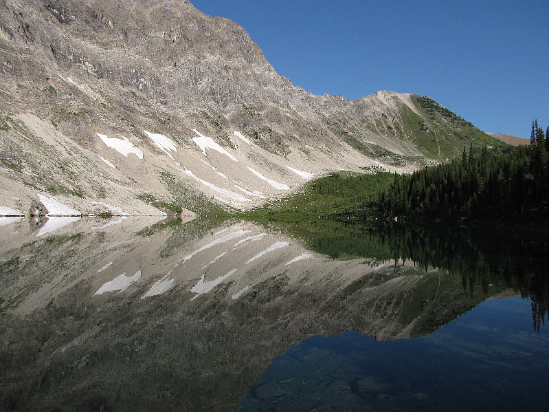 The trail to the Judge heads up the meadows at the far side of the lake.