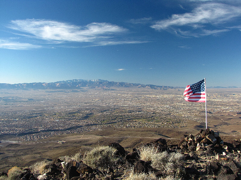 Although the Las Vegas Strip is visible at far right, you're mostly looking down at Henderson and Enterprise.