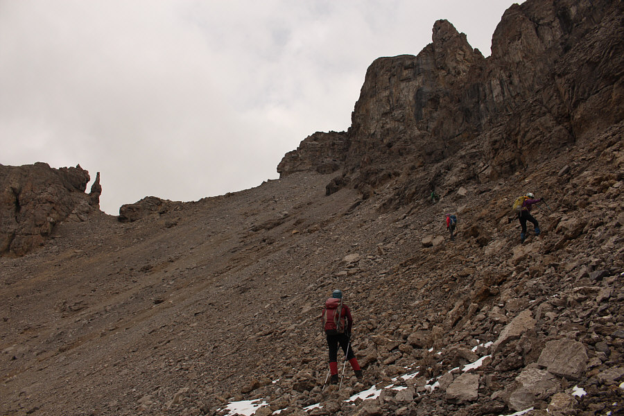 The scree sucks, but it's worth being patient here before gaining the ledge.