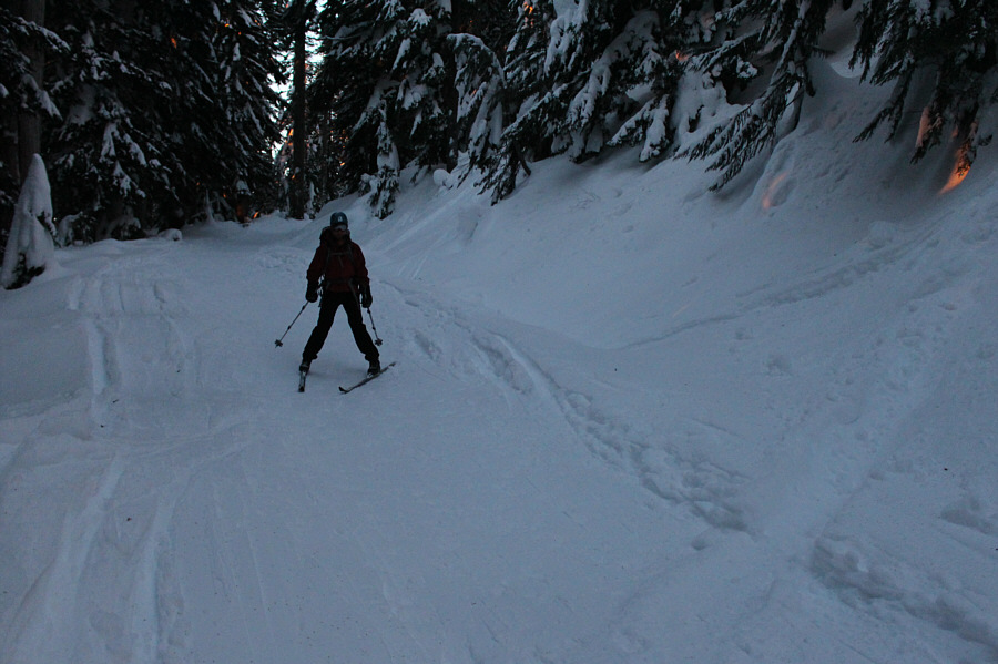 Zosia has legs of steel to snowplow all the way down on her skinny skis!