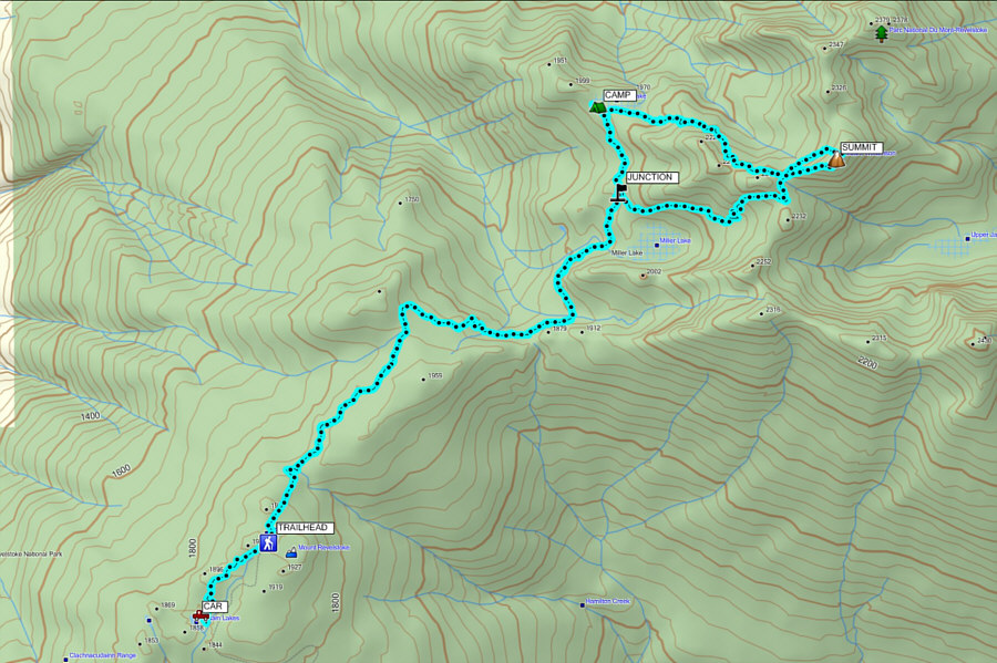 Probably can be climbed in a day, but camping at Eva Lake makes for a more leisurely trip without worries about the evening access gate closure.