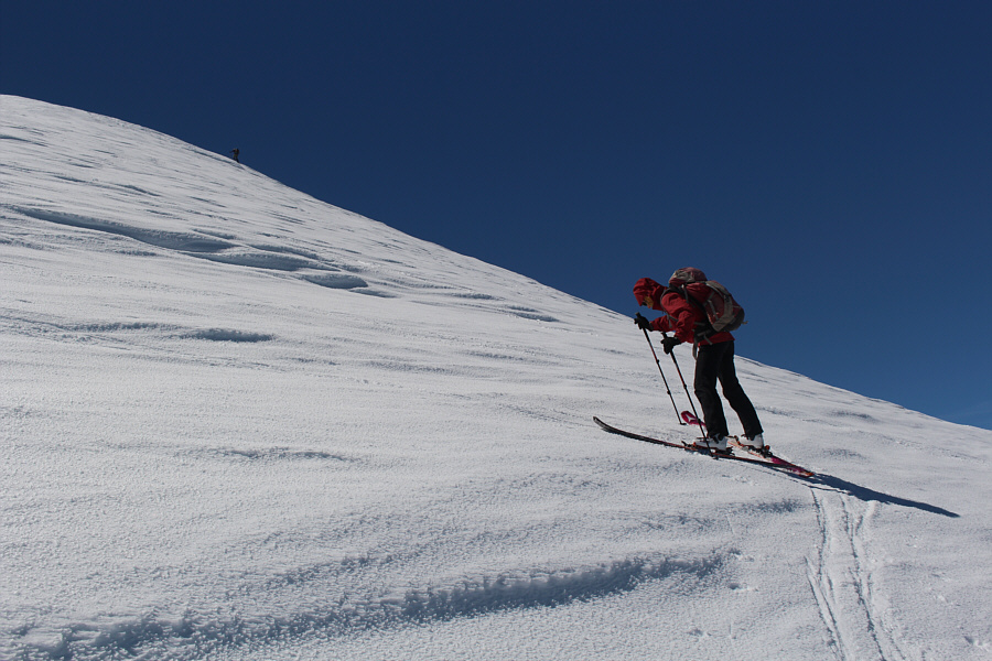 When snow conditions are not ideal, ski crampons are a must here!