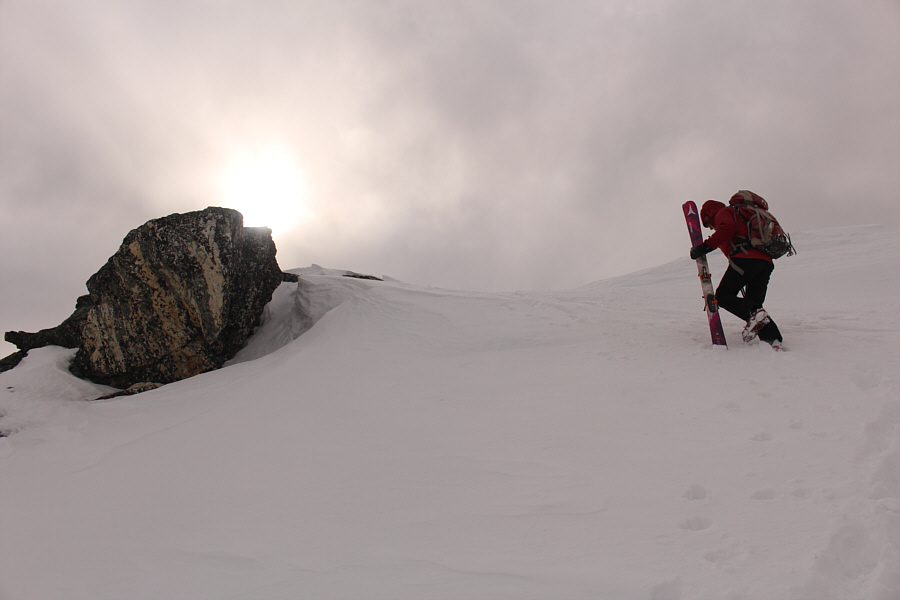 It's not too difficult to skin up this slope, but boot-packing works too.