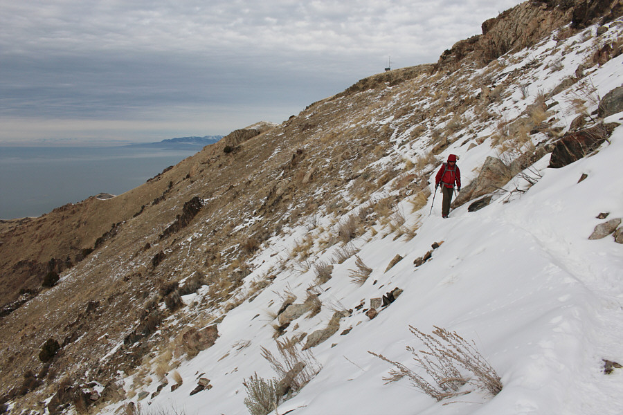 An ice axe and cleats would not be out of place here!