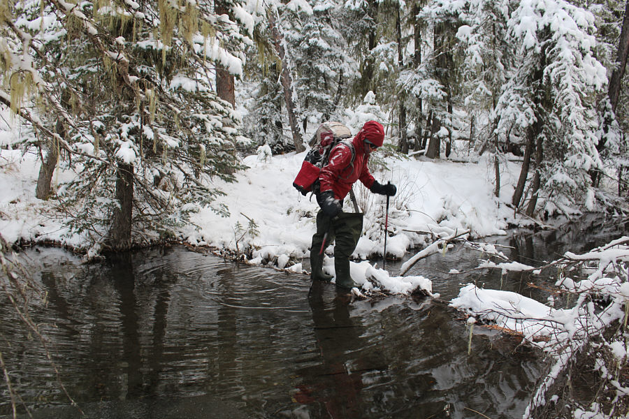 On the way back, she managed to tiptoe across with her boots.