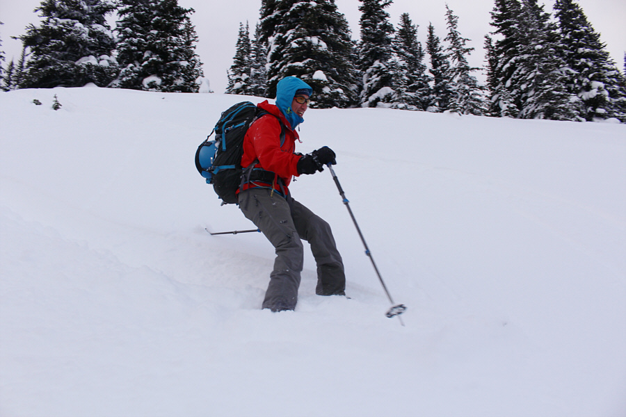 But he's skiing with his skins on still!