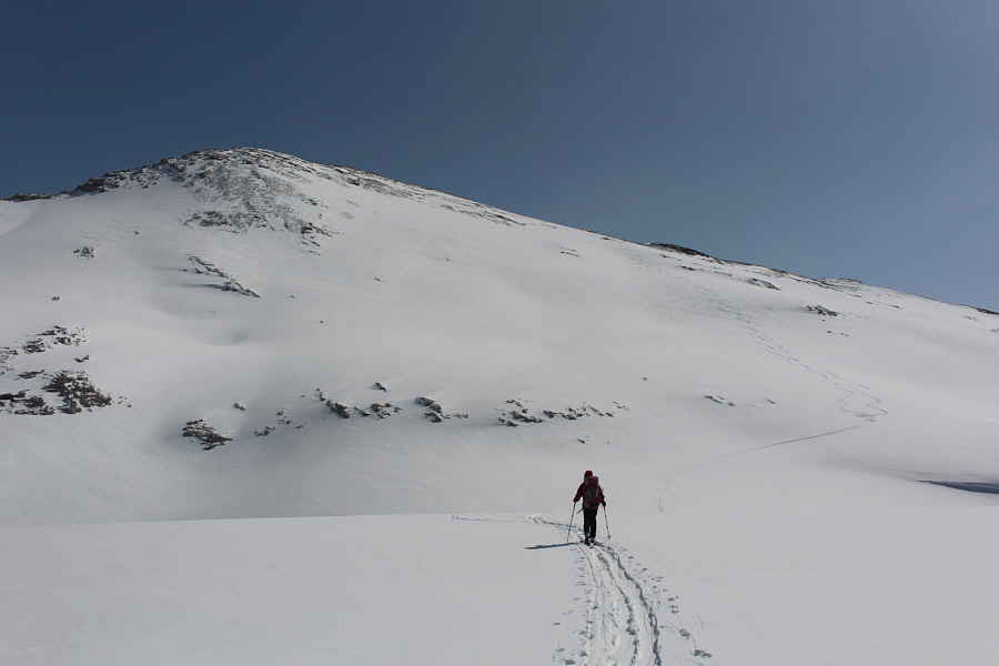A guide and his client had just skied down the far slope and were already heading up Little Crowfoot.