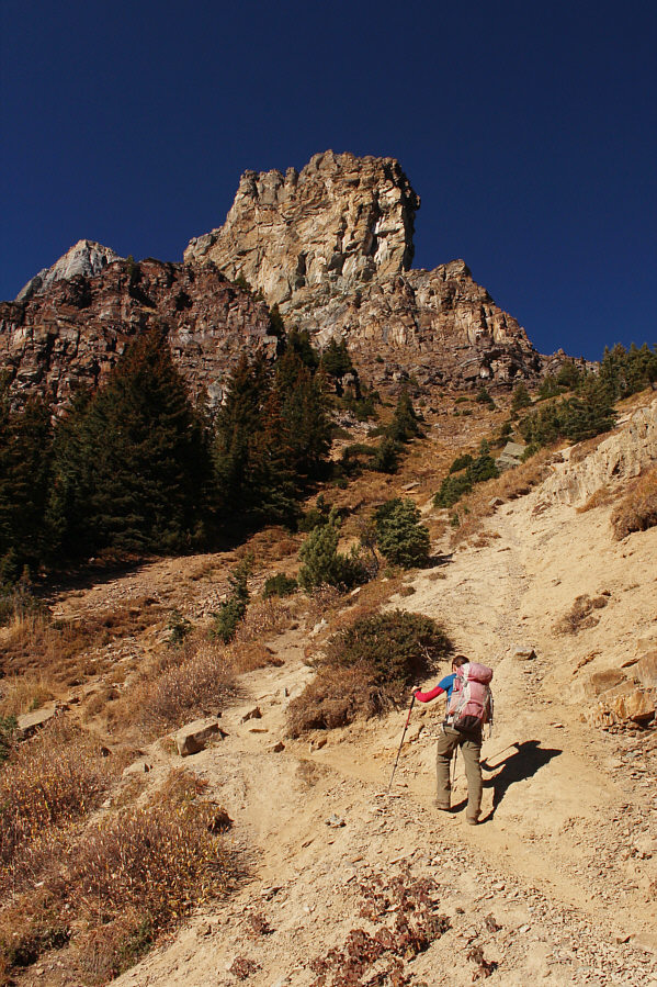 It's better to climb up further to the left behind the trees.