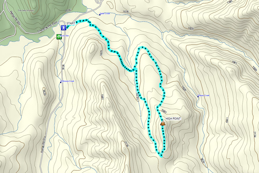 Mostly a road-walk with a bit of off-trail thrashing to break up the monotony.